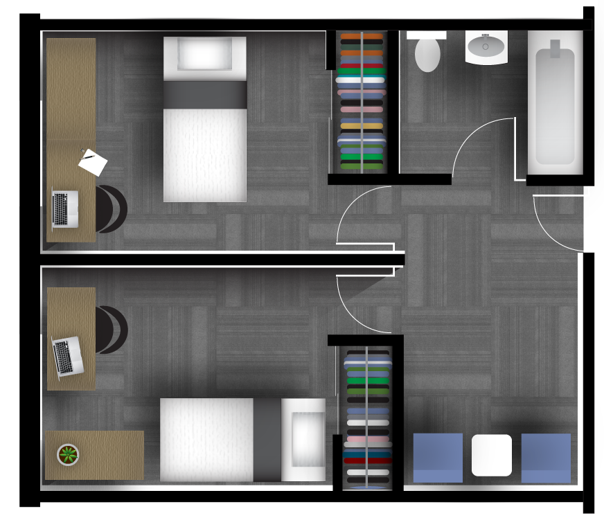 Floor plan of a Pitman Hall Paired room.